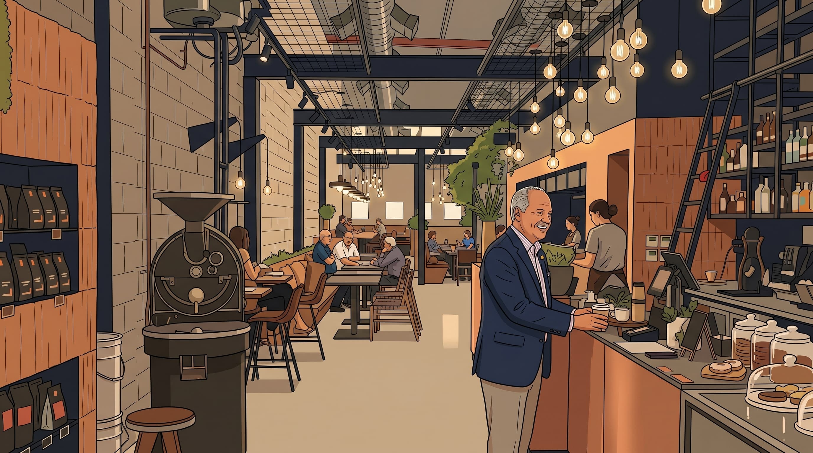 Editorial illustration of Danny Naidoo at the counter inside a Bulimba specialty coffee roaster, mid-order. Warm timber interior, barista working in the background.